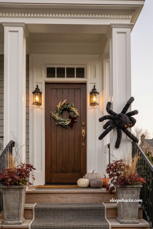 classy halloween porch decor with a fuzzy oversized spider and warm lights