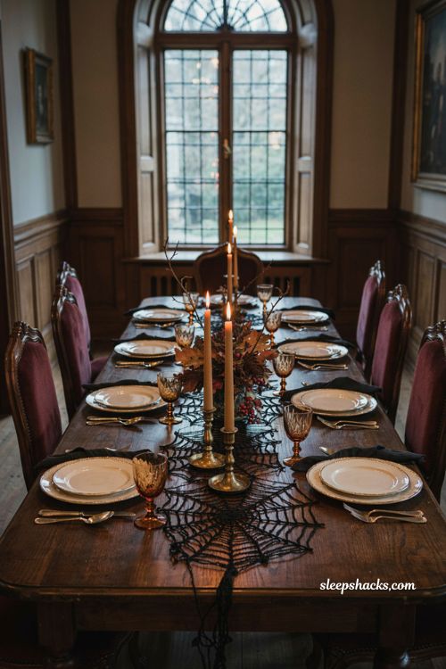classy halloween table decor with an iron spider web garland centerpiece