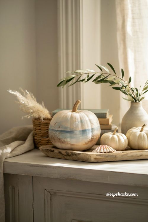 coastal scene painted pumpkin elegant diy fall decor idea 