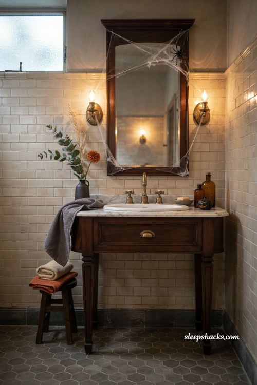 cobweb bathroom mirror decor for a spooky halloween atmosphere 