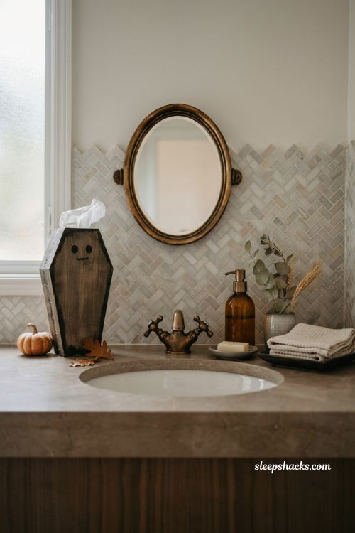 coffin shaped tissue box diy for spooky halloween bathroom decor 