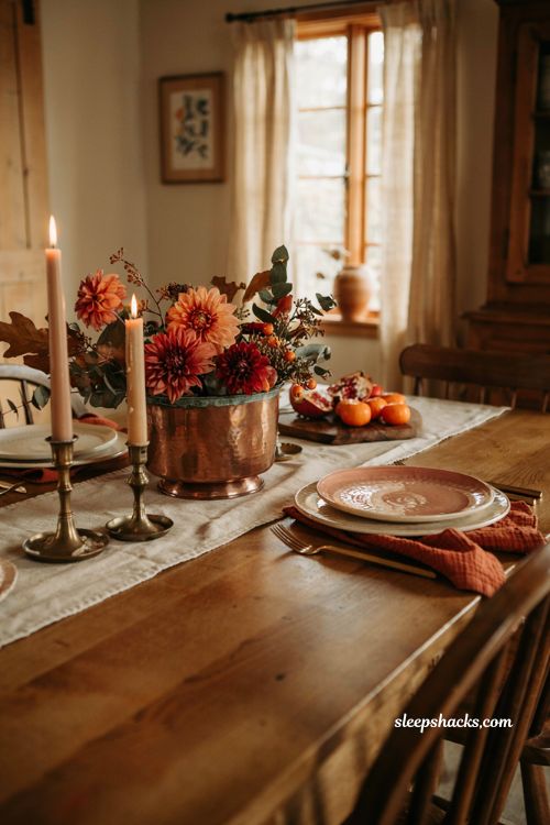 copper autumn centerpiece ideas with flowers and fall table decor for thanksgiving