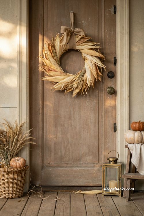 corn husk wreath with rustic harvest fall front door decor