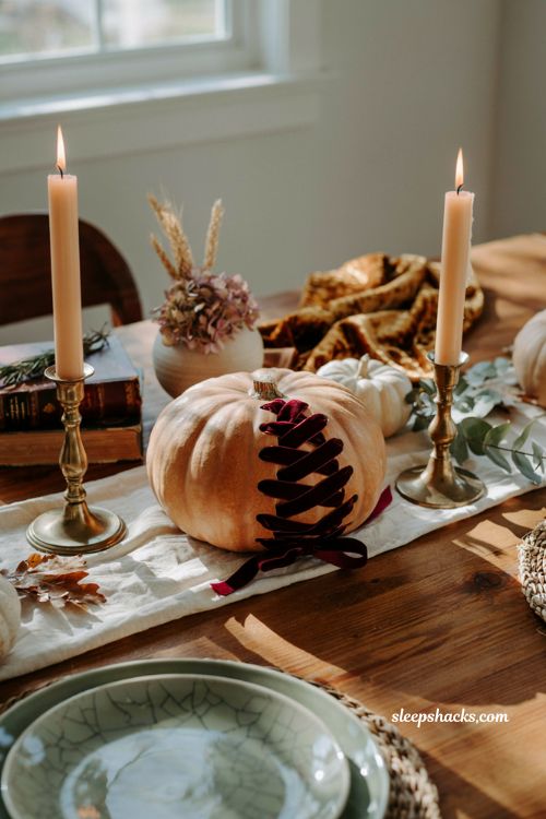 corset ribbon pumpkin diy elegant fall centerpiece decor idea