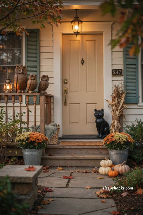 cute halloween decor with a woven basket filled with pumpkins and dried leaves