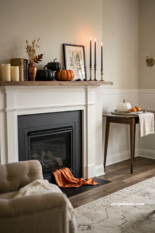 cute halloween decor with black white orange and metallic accents