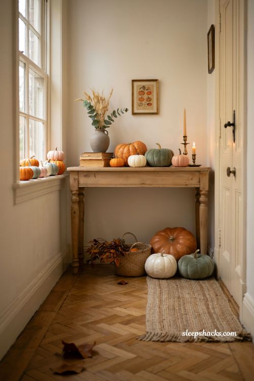 cute halloween decor with orange white sage and pink pumpkins
