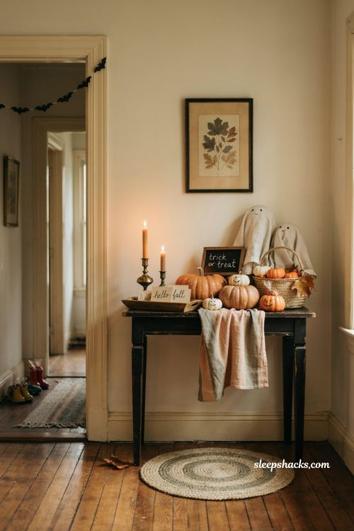 cute halloween decor with smiling pumpkins and friendly ghost accents