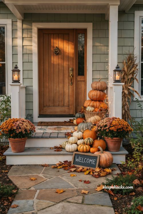 cute halloween porch decor with a colorful pumpkin pile and warm lights