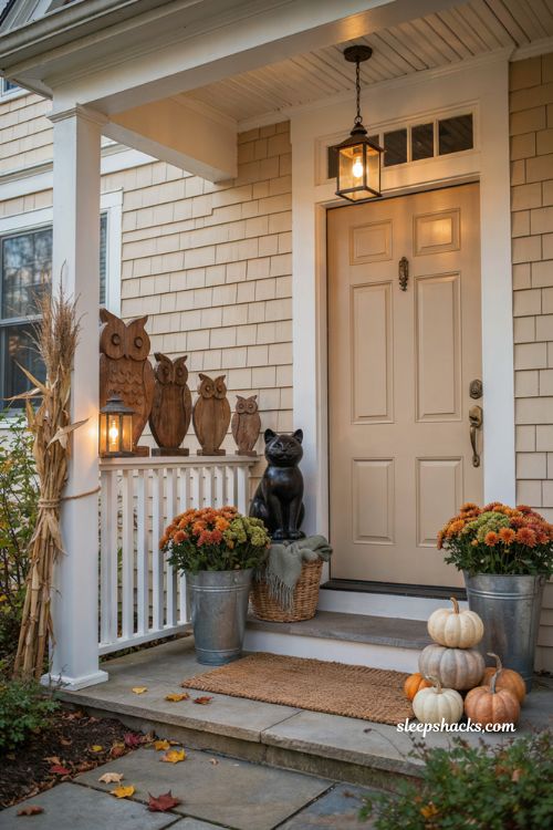 cute halloween porch decor with wooden owls and a friendly black cat