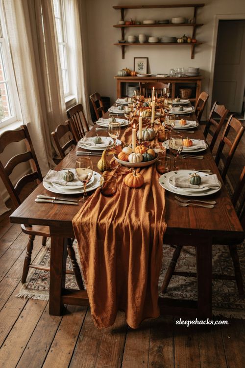 cute halloween table decor with mini pumpkins and playful place settings