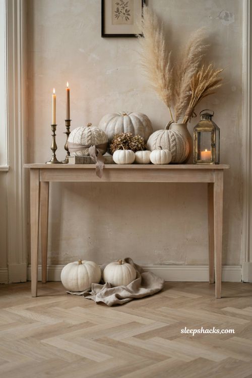 cute neutral halloween decor with white pumpkins gold accents and dried florals
