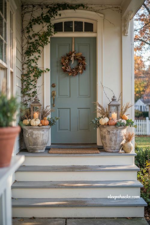 cute scare free halloween porch decor with pumpkins lanterns and fall foliage