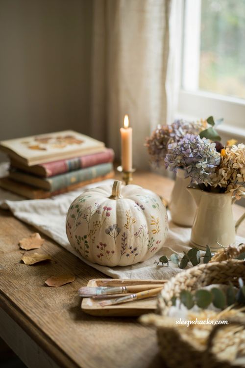 delicate hand painted floral pumpkin cottagecore no carve fall decor idea