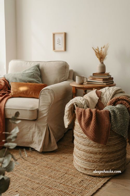 diy rope basket for blankets with cozy fall living room decor