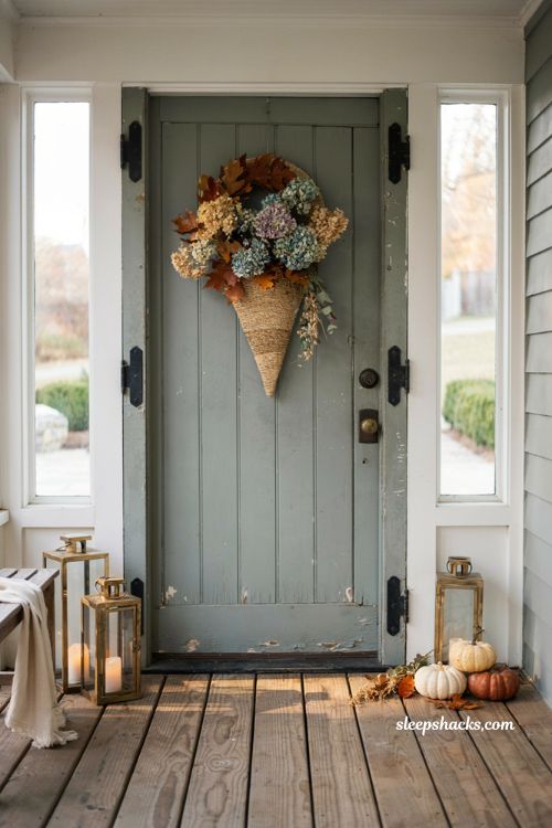 dried hydrangea leaf basket wreath for rustic fall front door decor