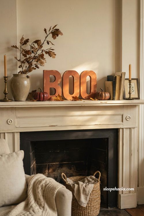 easy diy boo wooden letters for a cozy halloween mantel