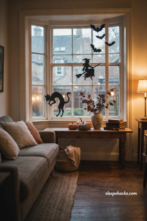 easy diy halloween window silhouettes with bats witch and cat