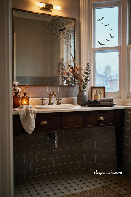 eerie window and mirror decals for renter friendly halloween bathroom decor 