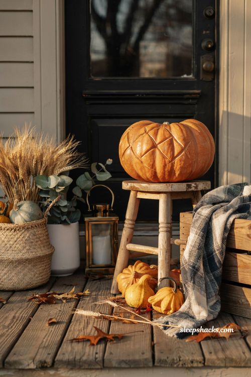 etched plaid pumpkin elegant farmhouse fall porch decorating idea