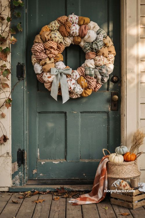 fabric pouf wreath with cozy fall diy front door decor ideas