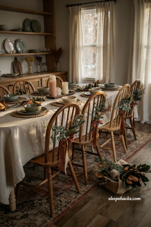 fall chair back floral swag ideas with rustic autumn dining decor
