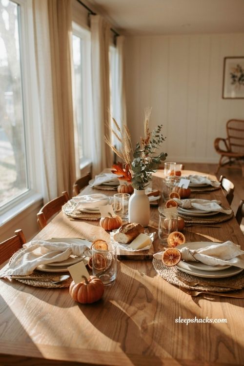fall dining table decor with diy dried orange slice place cards and mini pumpkins