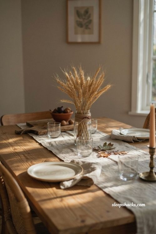 fall dining table decor with dried wheat stalks and earthy table setting