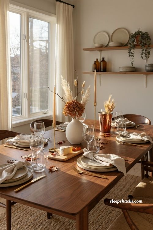 fall dining table decor with gold accents and warm autumn centerpiece