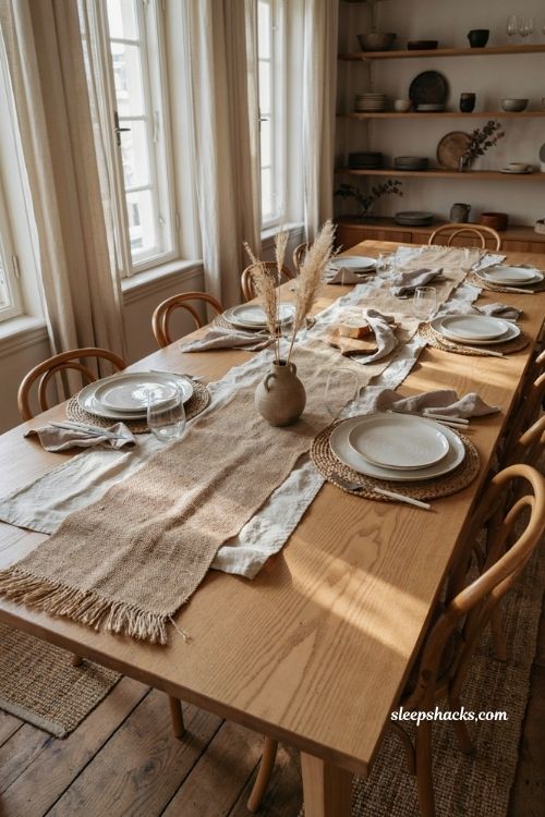 fall dining table decor with layered placemats and linen table runner