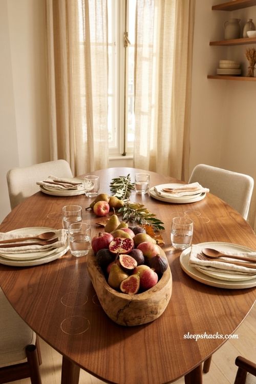 fall dining table decor with seasonal fruit centerpiece and rustic wood bowl