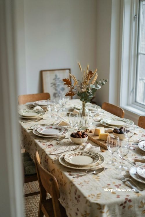 fall dining table decor with vintage mismatched plates and tablecloth