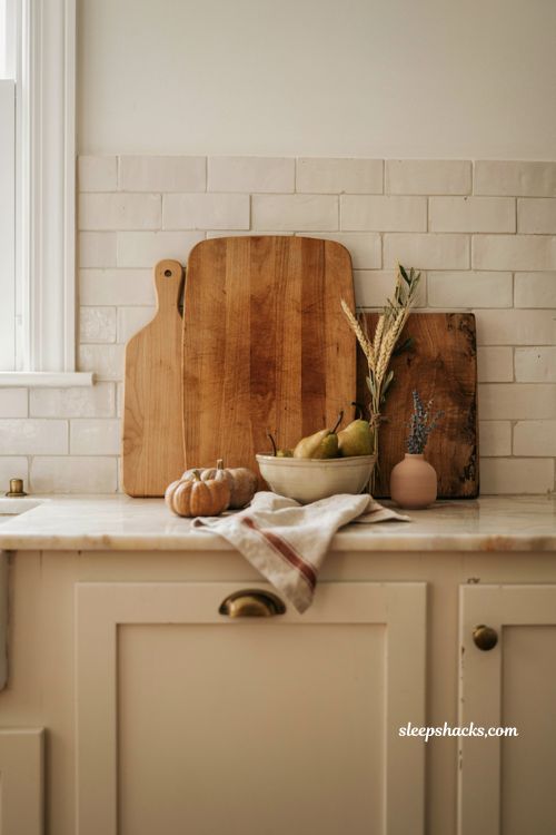 fall kitchen countertop decor with layered wooden cutting boards and pumpkins