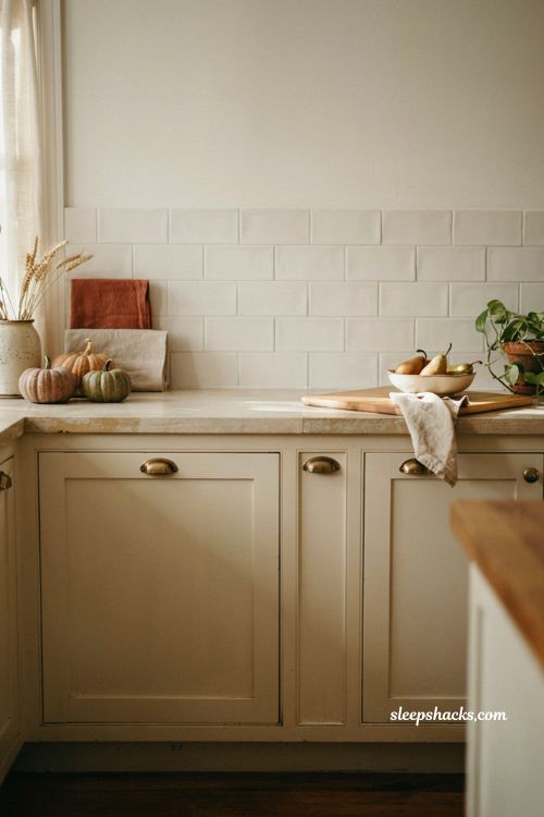 fall kitchen countertop decor with open cooking space and simple autumn accents 