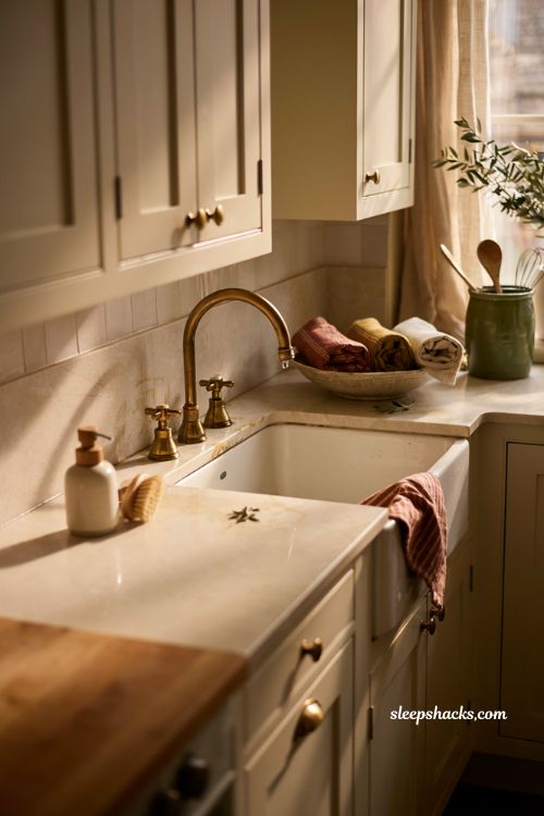 fall kitchen countertop decor with rust mustard and green dish towels