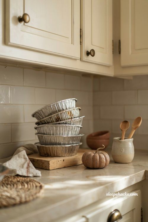 fall kitchen countertop decor with vintage pie tins on a wooden riser