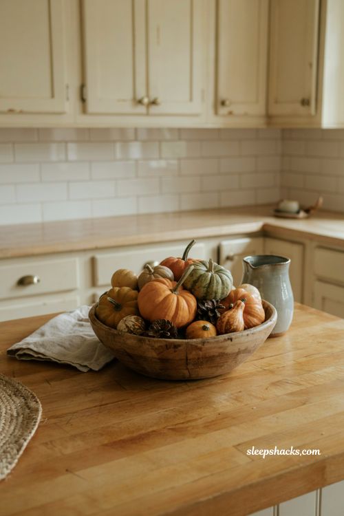 fall kitchen countertop decor with wooden dough bowl mini pumpkins gourds and pinecones