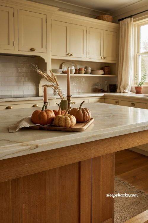 fall kitchen island decor with wood tray mini pumpkins dried wheat and candles