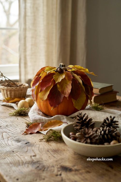 fall leaf covered pumpkin natural diy autumn decor idea