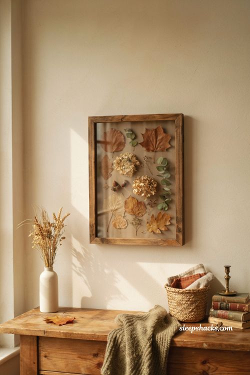 fall shadow box with pressed leaves and rustic seasonal wall decor