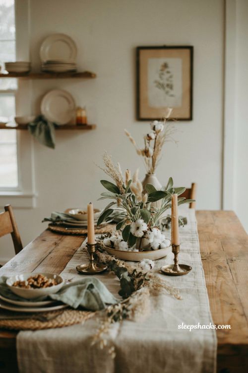 faux lambs ear and cotton boll fall centerpiece ideas with neutral autumn table decor