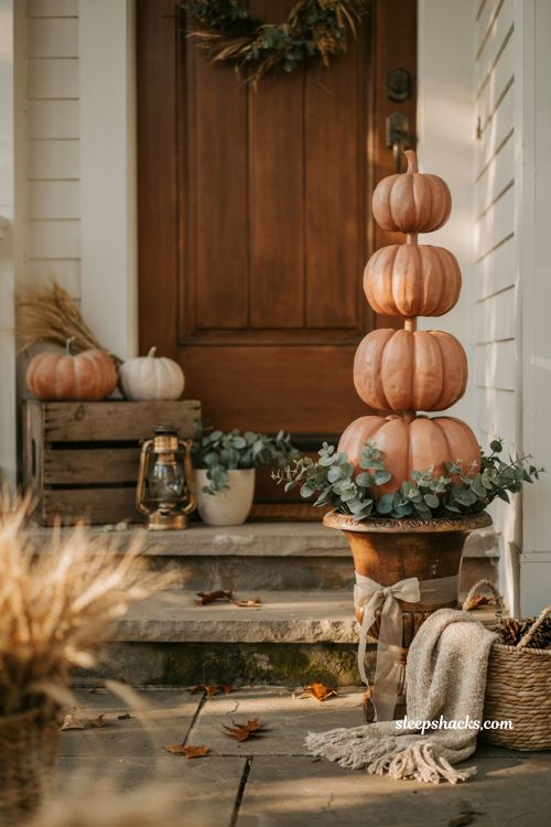 faux pumpkin topiary diy farmhouse porch fall decor idea