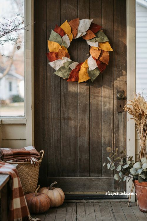 felt leaf wreath with cozy autumn front door decor ideas