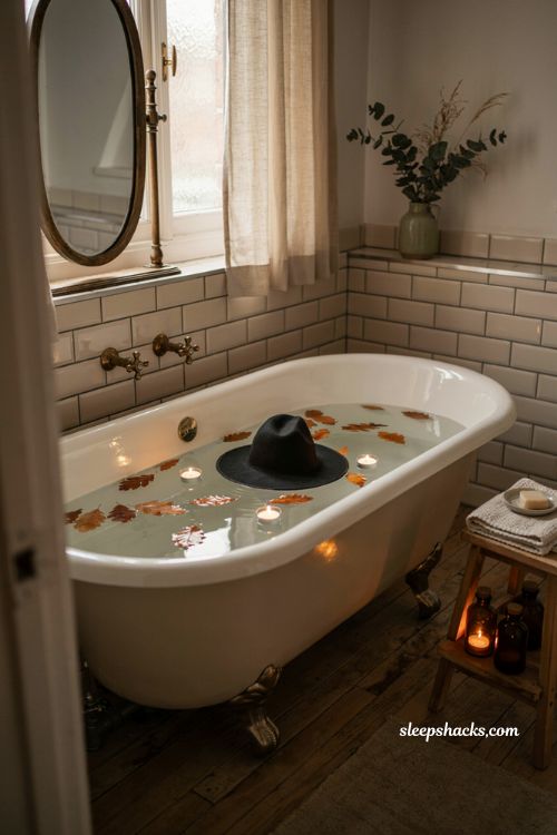 floating witch hat in bathtub for spooky halloween bathroom decor