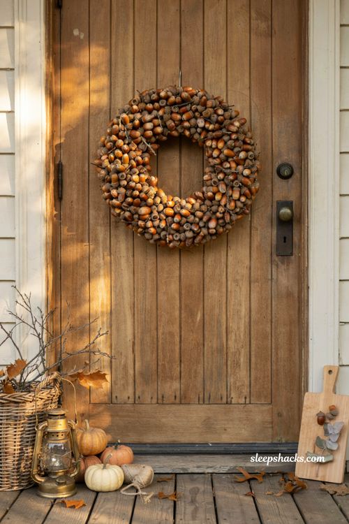 foraged acorn wreath with rustic woodland fall front door decor