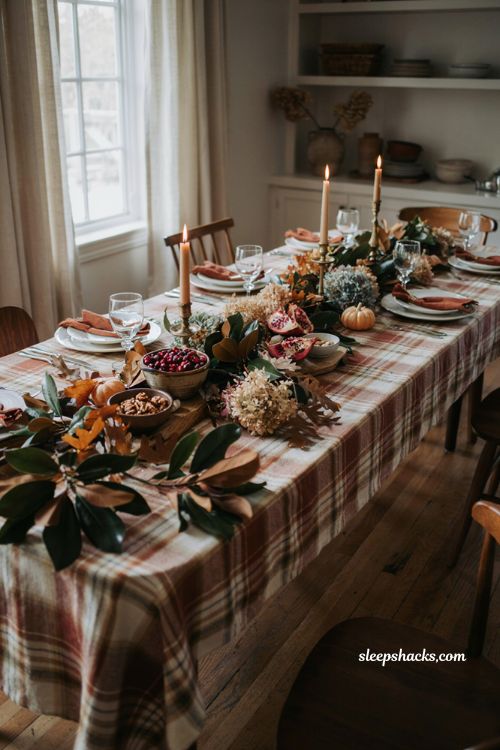 foraged magnolia leaves and oak branches Thanksgiving table with mini pumpkins and plaid