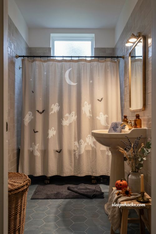 ghost print shower curtain ideas for cozy halloween bathroom decor 