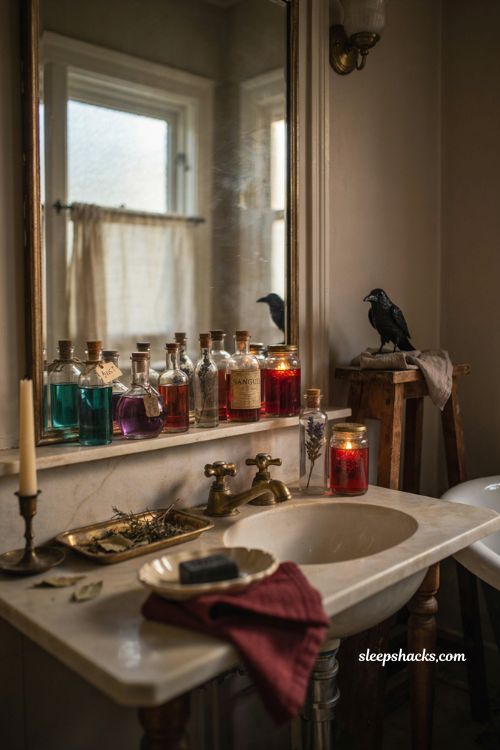 glowing potion bottles on bathroom counter for spooky halloween decor 