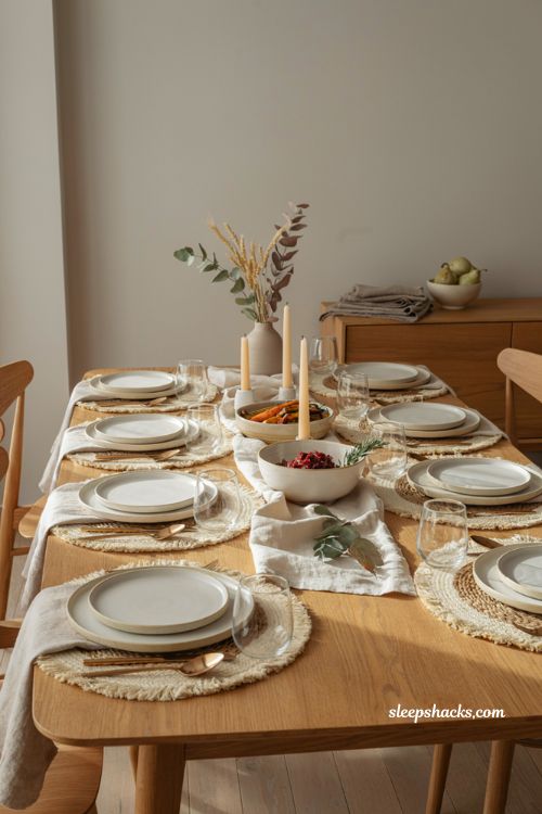 gold flatware with neutral white dishes and linen napkins modern Thanksgiving table