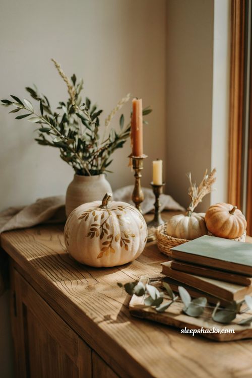 gold leaf pattern painted pumpkin elegant diy fall decor idea 